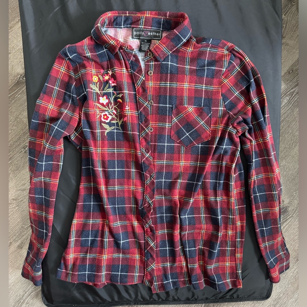 Polly & Esther Red and Blue Plaid Long Sleeve Shirt with Embroidered Flowers